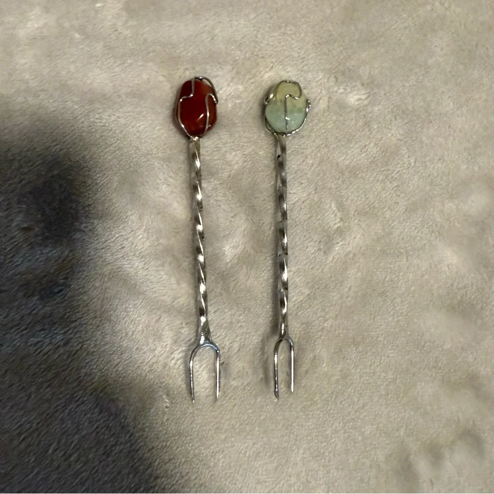 Set of 2 Vintage Stone And‎ Silver Cocktail/Hors D'Oeuvre Forks Mid Century